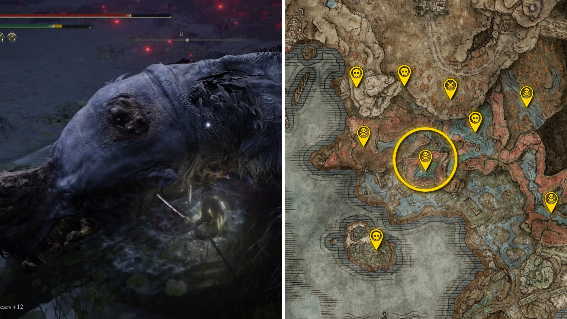 Two Elden Ring: Shadow Of The Erdtree screenshots side by side. Left: a screenshot of the player fighting the Hippopotamus boss. Right: the location of that boss on the map. - 59