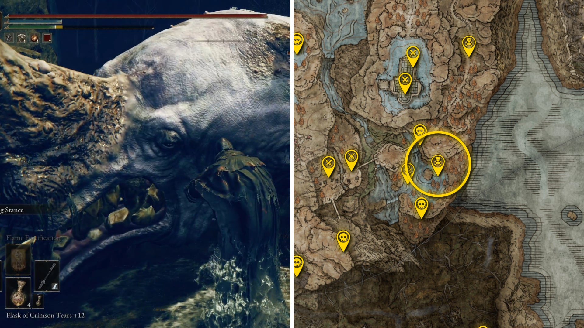 Two Elden Ring: Shadow Of The Erdtree screenshots side by side. Left: a screenshot of the player fighting the Hippopotamus boss. Right: the location of that boss on the map. - 84