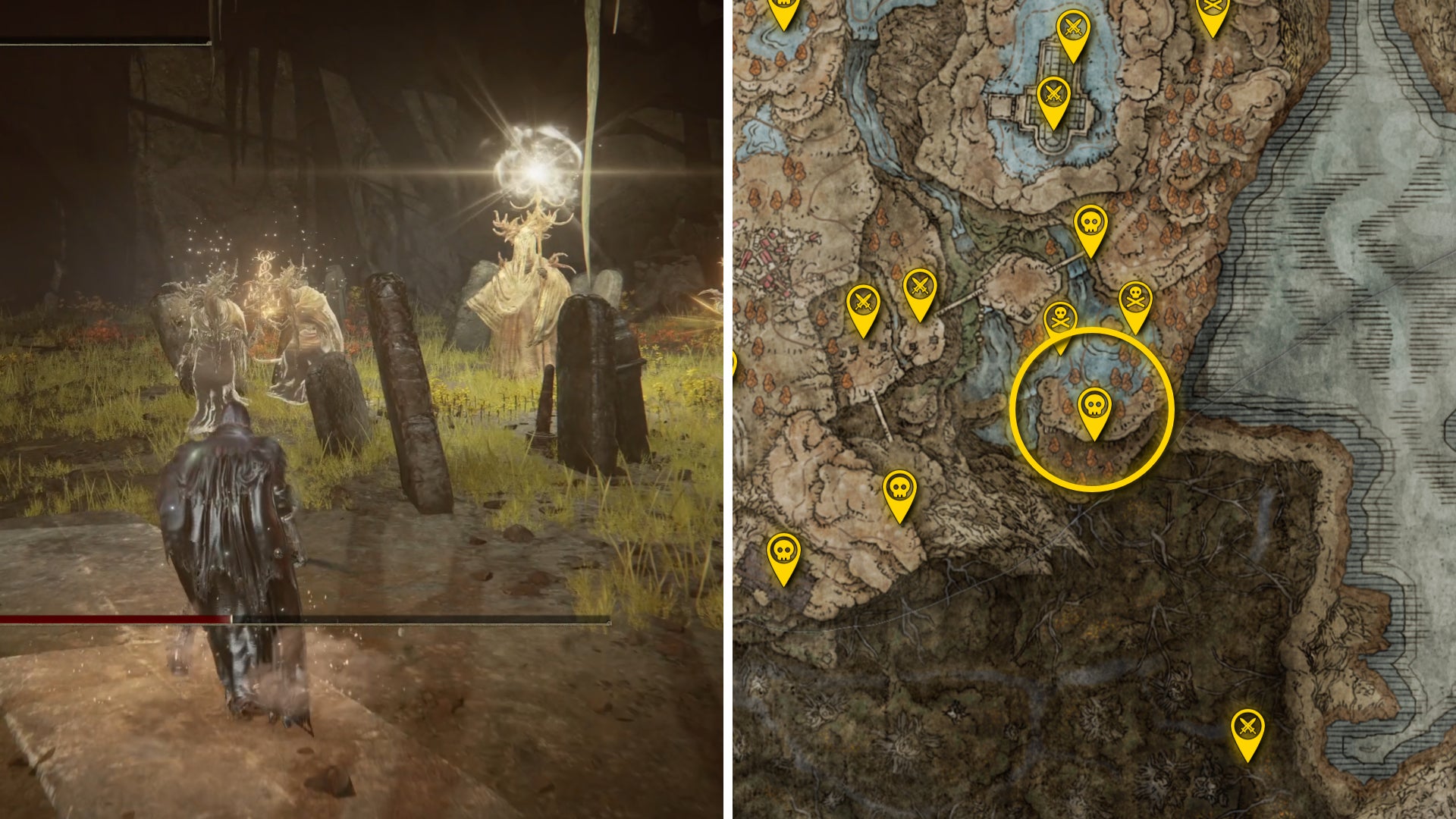 Two Elden Ring: Shadow Of The Erdtree screenshots side by side. Left: a screenshot of the player fighting the Jori, Elder Inquisitor boss. Right: the location of that boss on the map. - 85