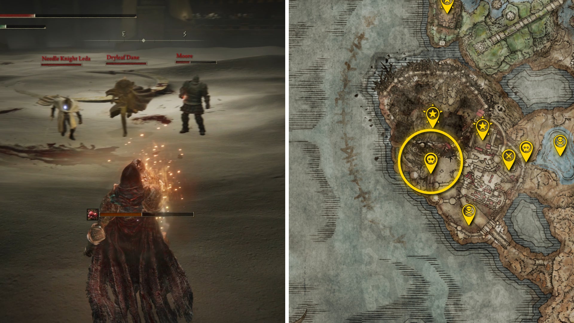 Two Elden Ring: Shadow Of The Erdtree screenshots side by side. Left: a screenshot of the player fighting the Leda and Allies boss. Right: the location of that boss on the map. - 103