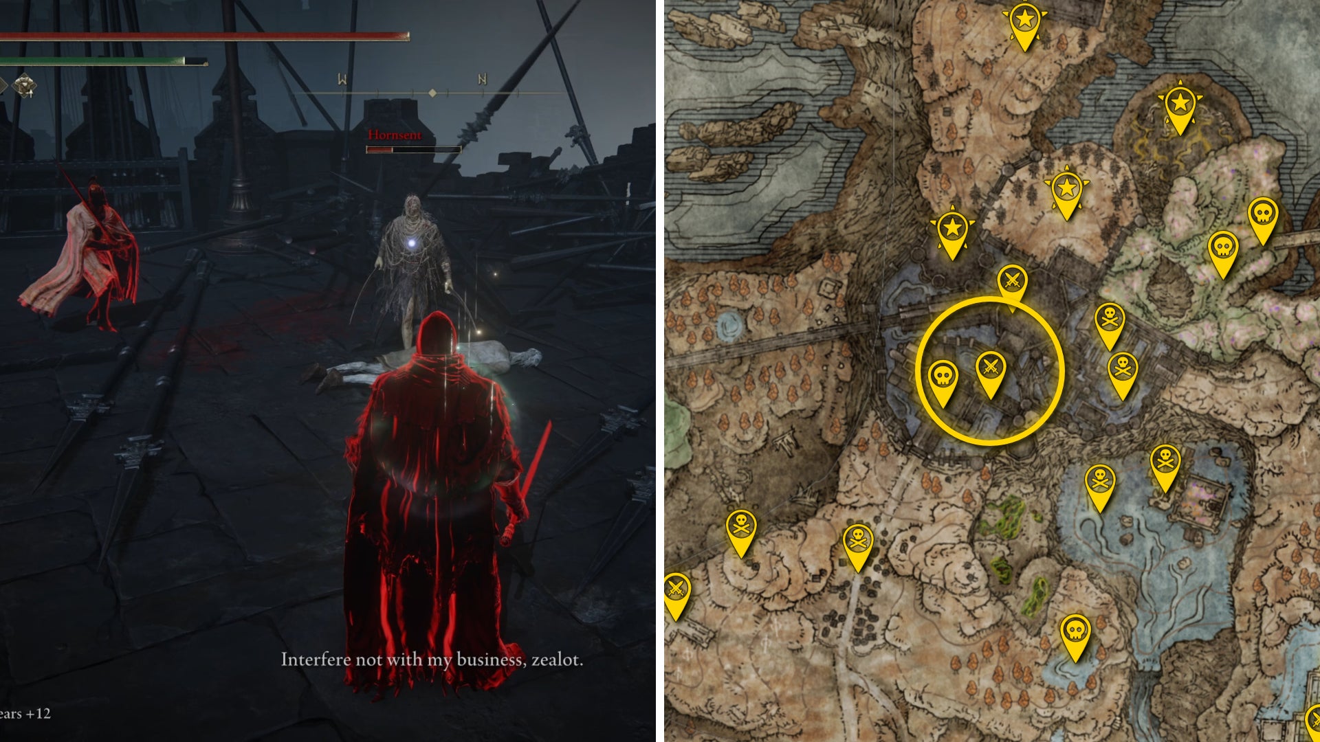 Two Elden Ring: Shadow Of The Erdtree screenshots side by side. Left: a screenshot of the player fighting the Leda vs Hornsent boss. Right: the location of that boss on the map. - 64