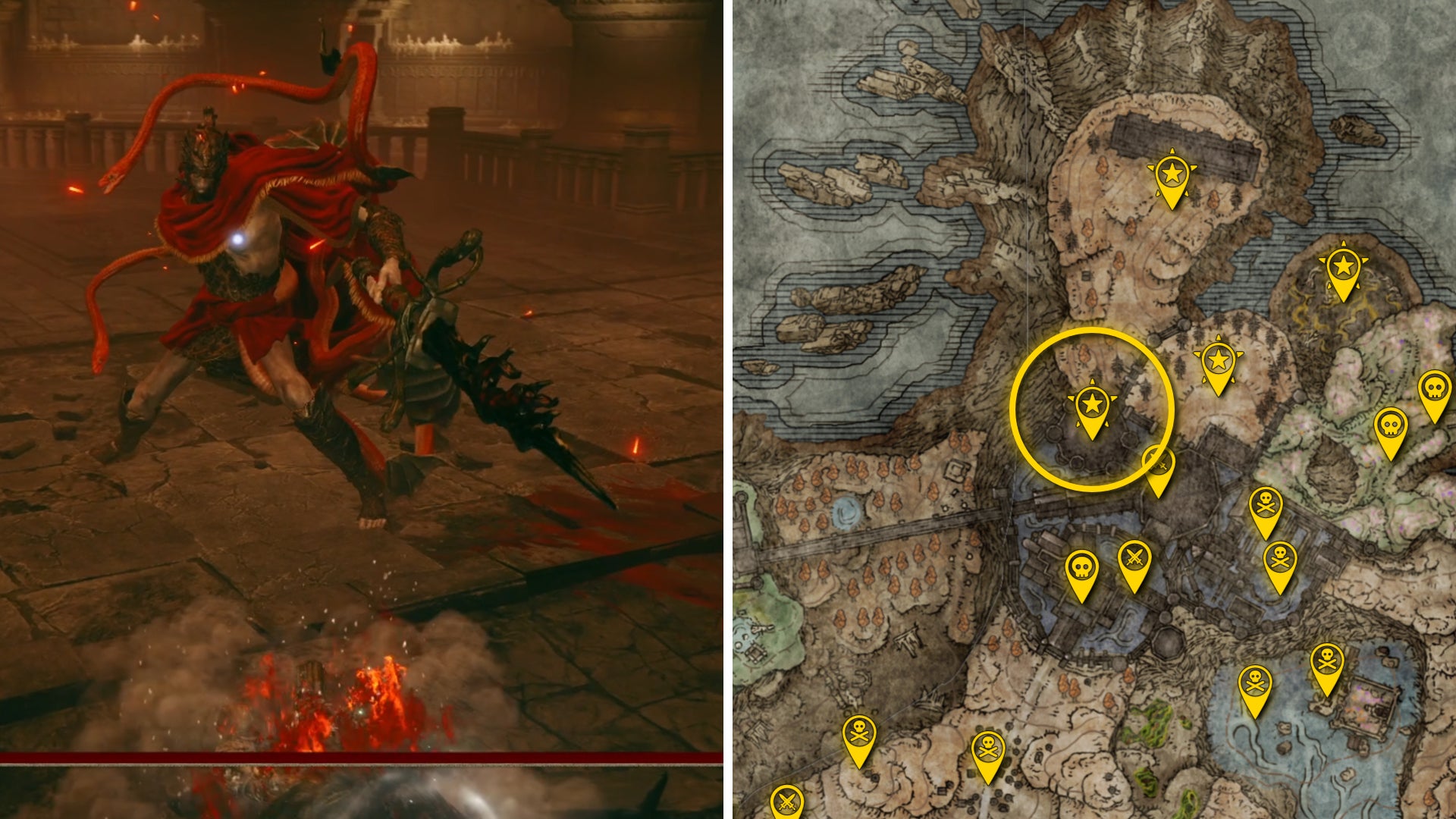 Two Elden Ring: Shadow Of The Erdtree screenshots side by side. Left: a screenshot of the player fighting the Messmer The Impaler boss. Right: the location of that boss on the map. - 68