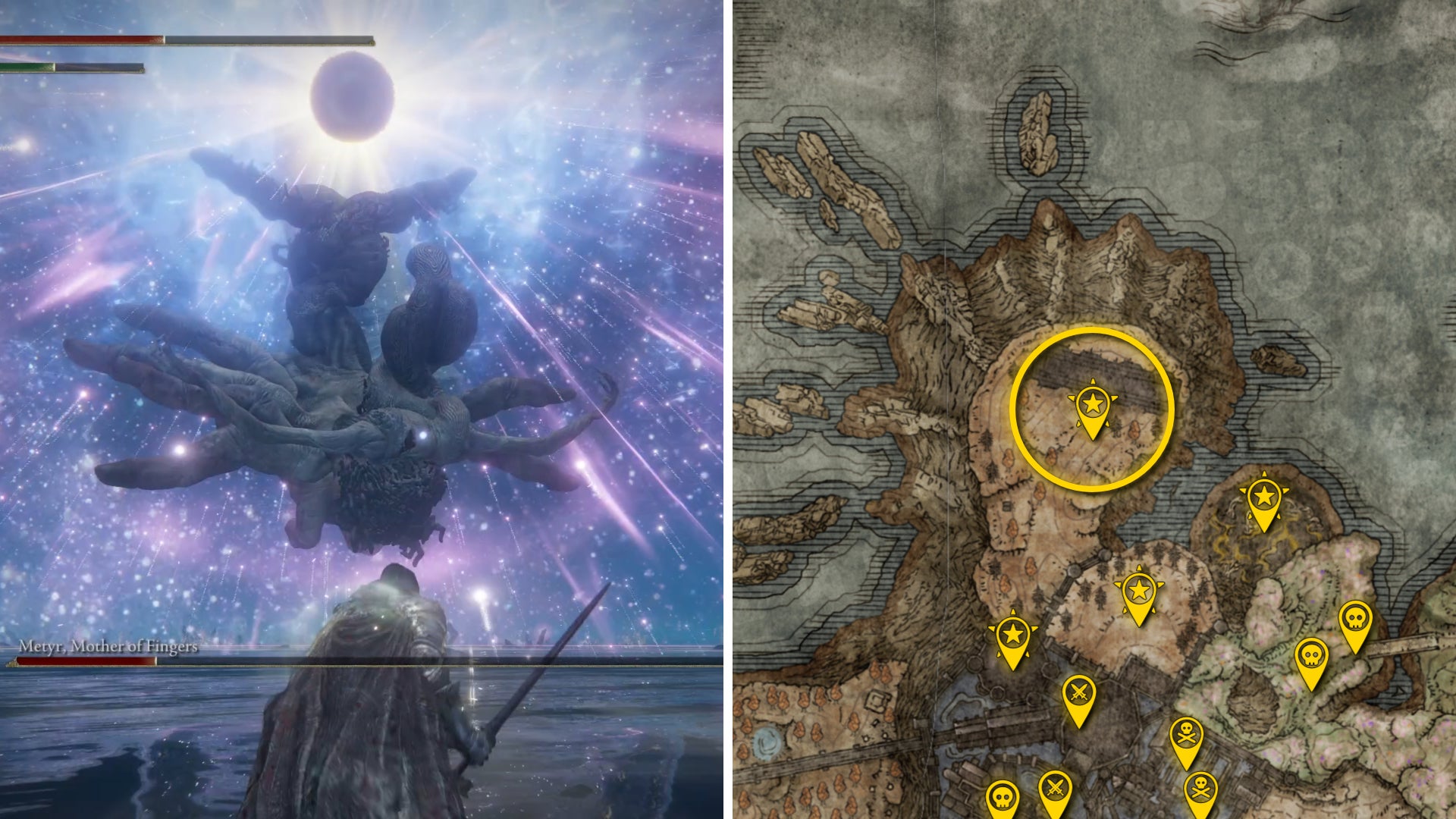 Two Elden Ring: Shadow Of The Erdtree screenshots side by side. Left: a screenshot of the player fighting the Metyr Mother Of Fingers boss. Right: the location of that boss on the map. - 72