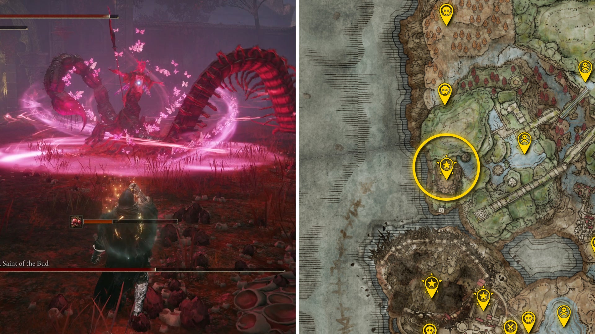 Two Elden Ring: Shadow Of The Erdtree screenshots side by side. Left: a screenshot of the player fighting the Romina, Saint Of The Bud boss. Right: the location of that boss on the map. - 98