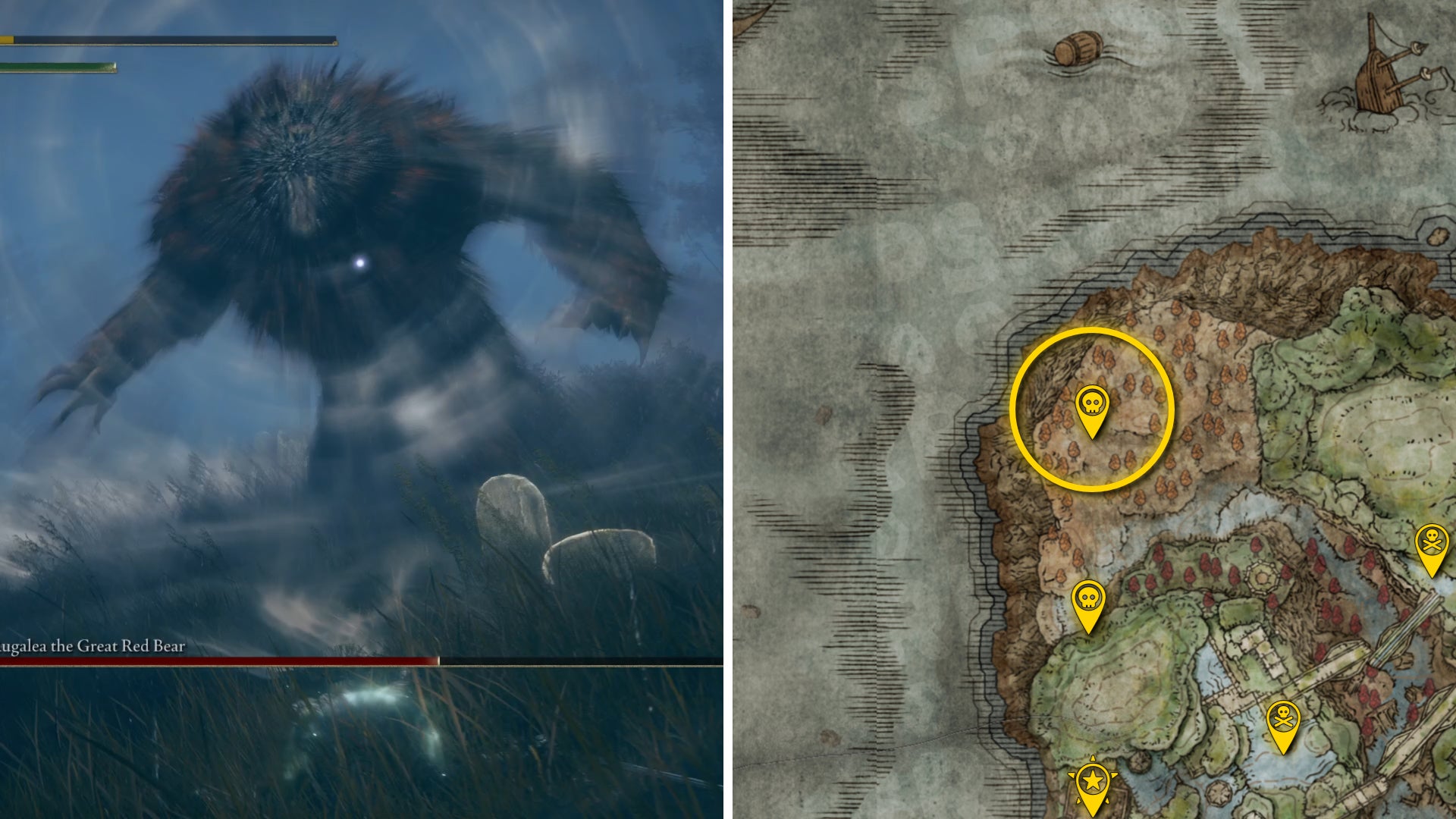 Two Elden Ring: Shadow Of The Erdtree screenshots side by side. Left: a screenshot of the player fighting the Rugalea The Great Red Bear boss. Right: the location of that boss on the map. - 91