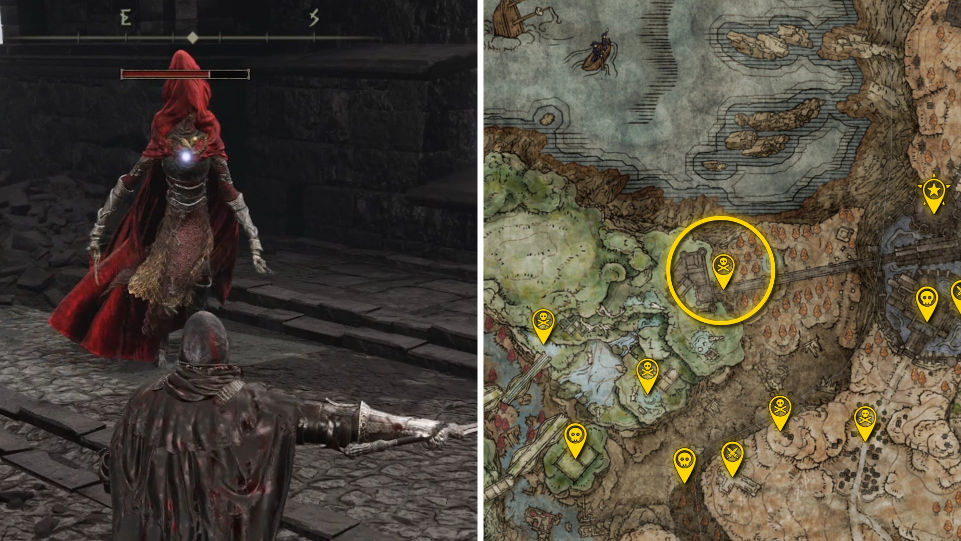 Two Elden Ring: Shadow Of The Erdtree screenshots side by side. Left: a screenshot of the player fighting the Salza, Fire Knight Sage boss. Right: the location of that boss on the map. - 69