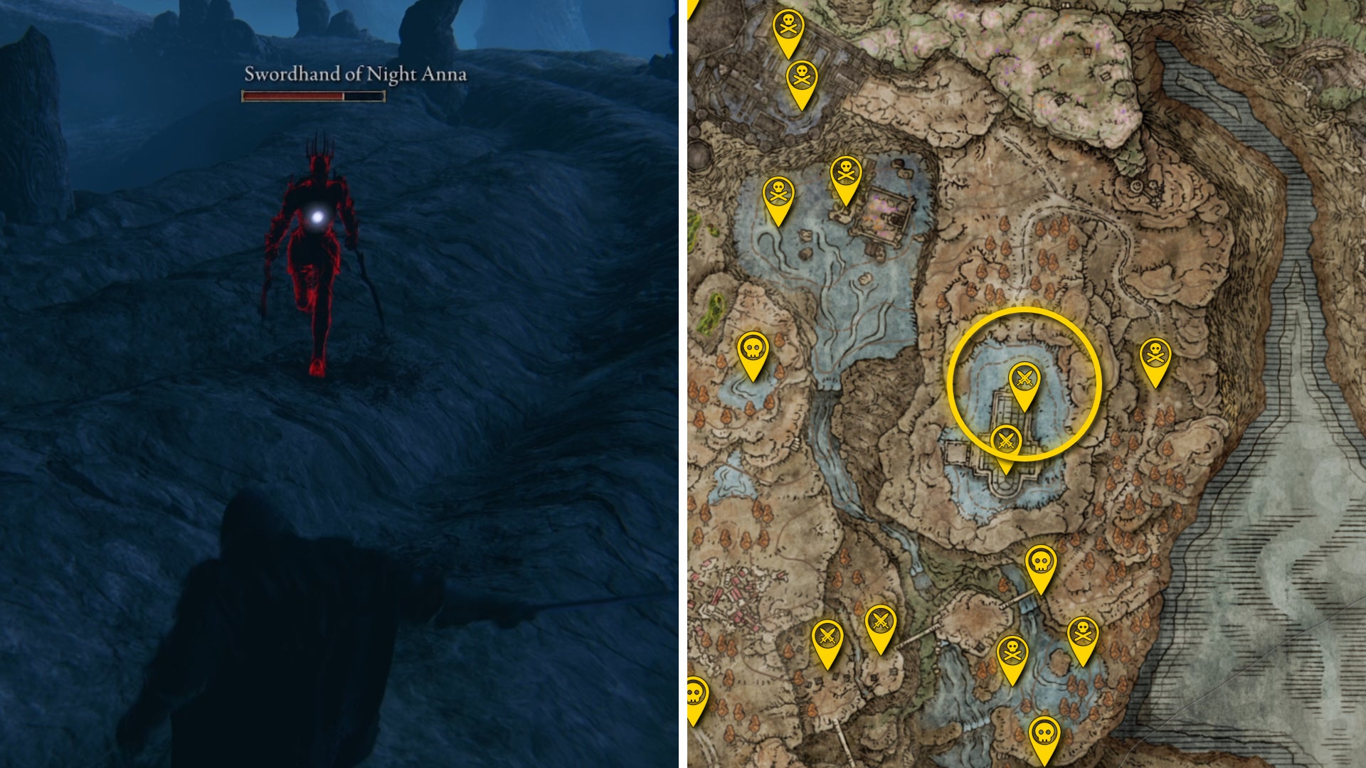 Two Elden Ring: Shadow Of The Erdtree screenshots side by side. Left: a screenshot of the player fighting the Swordhand Of Night Anna boss. Right: the location of that boss on the map. - 41