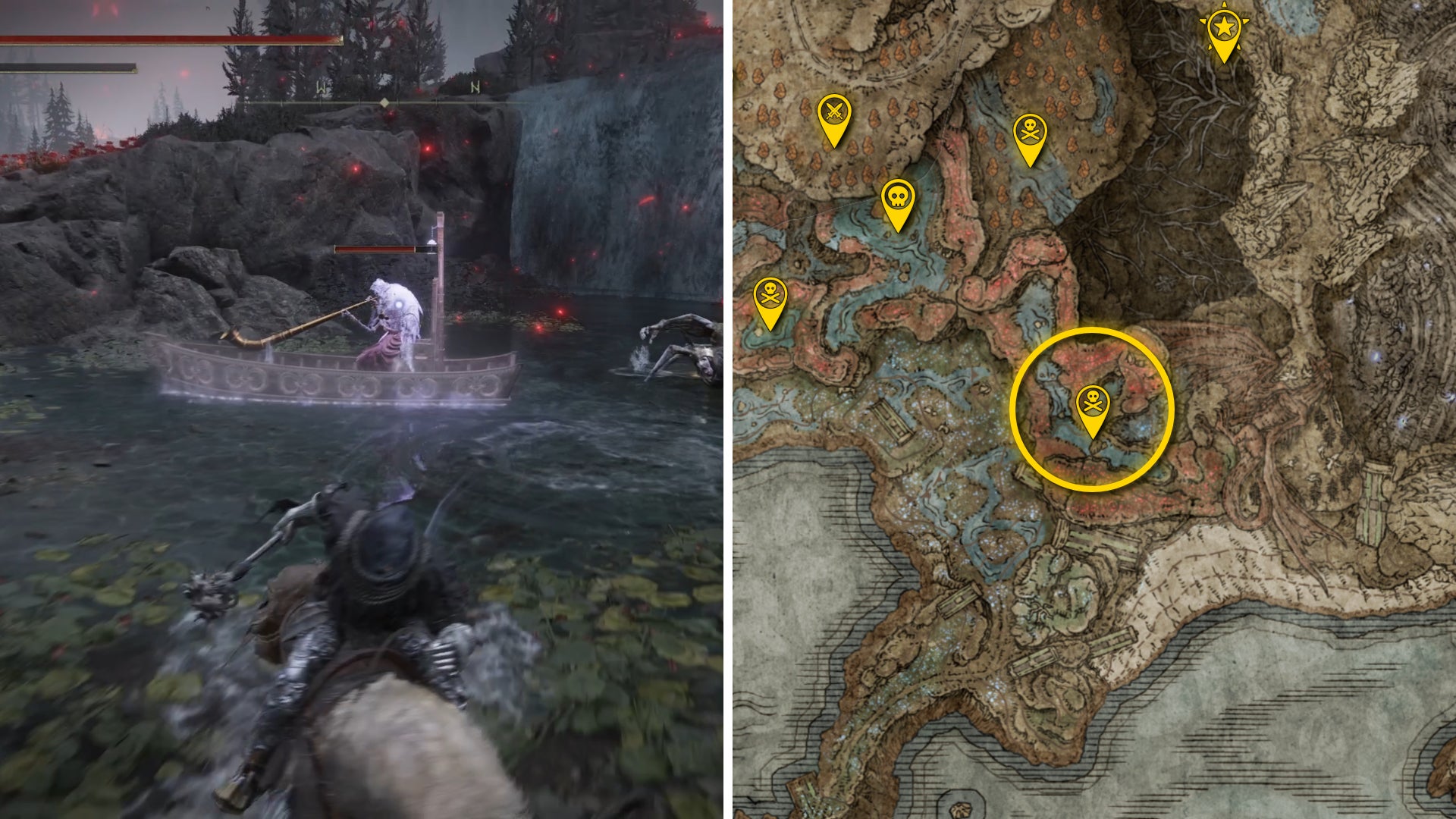 Two Elden Ring: Shadow Of The Erdtree screenshots side by side. Left: a screenshot of the player fighting the Tibia Mariner boss. Right: the location of that boss on the map. - 57