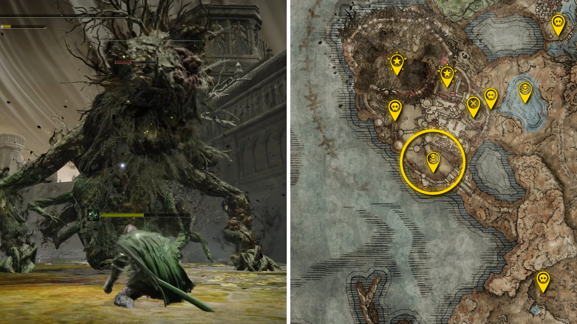 Two Elden Ring: Shadow Of The Erdtree screenshots side by side. Left: a screenshot of the player fighting the Ulcerated Tree Spirit boss. Right: the location of that boss on the map. - 20