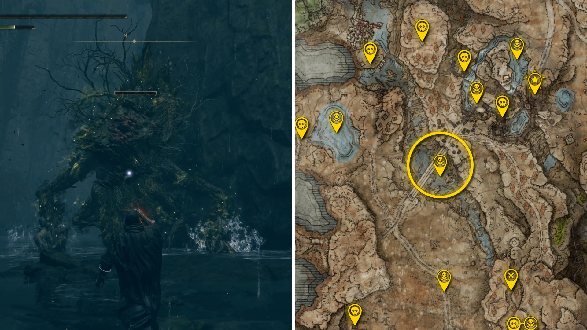 Two Elden Ring: Shadow Of The Erdtree screenshots side by side. Left: a screenshot of the player fighting the Ulcerated Tree Spirit boss. Right: the location of that boss on the map. - 15