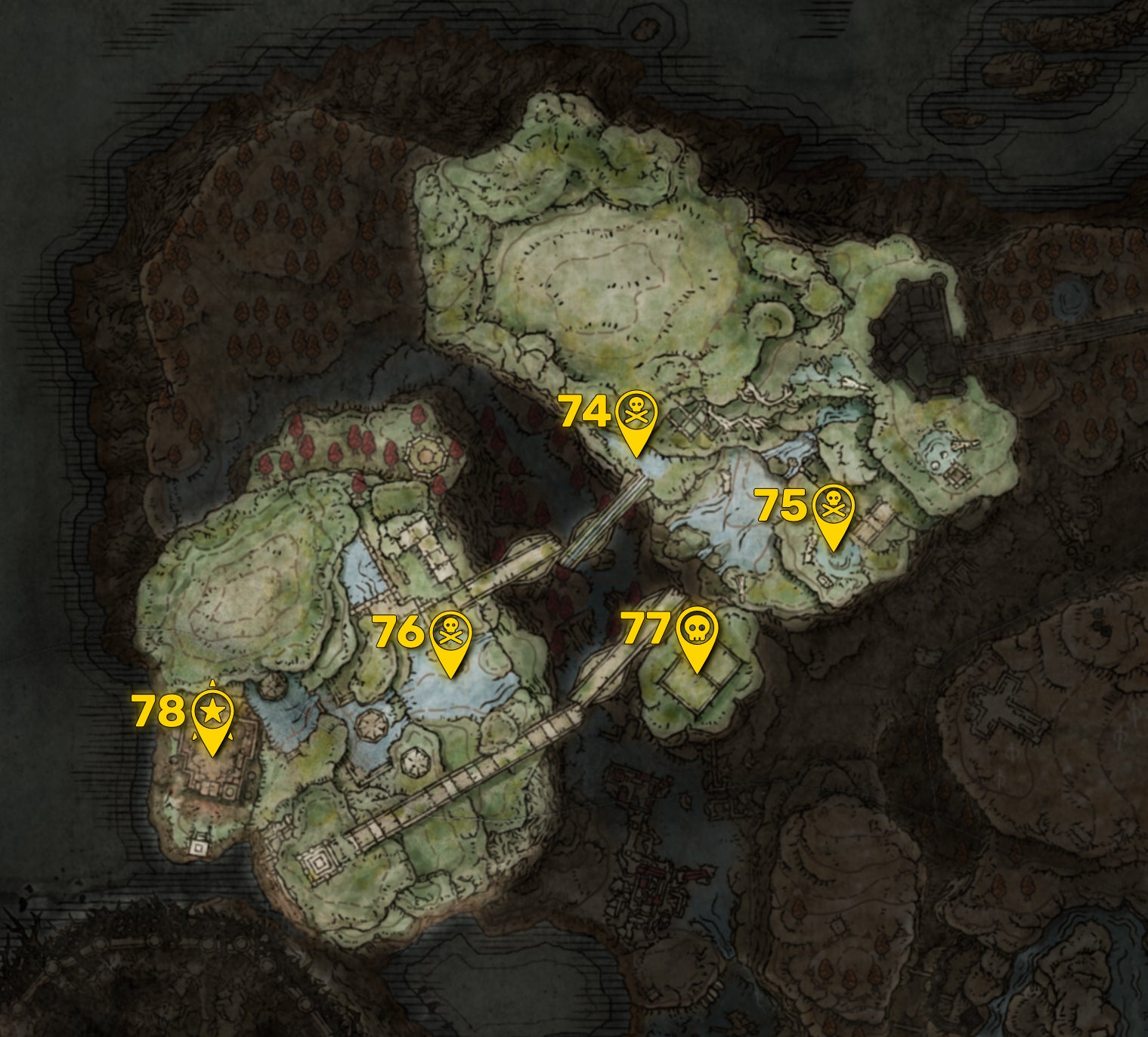 Part of the Elden Ring DLC map with all areas greyed out except for the Ancient Ruins Of Rauh region, and all the boss locations in that region highlighted and numbered in yellow. - 93