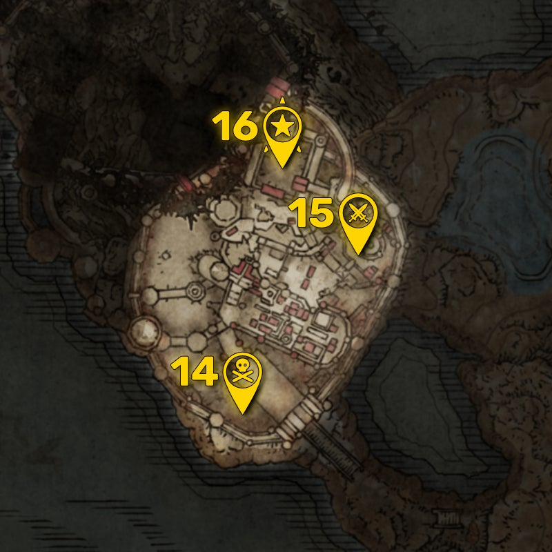 Part of the Elden Ring DLC map with all areas greyed out except for the Belurat region, and all the boss locations in that region highlighted and numbered in yellow. - 19