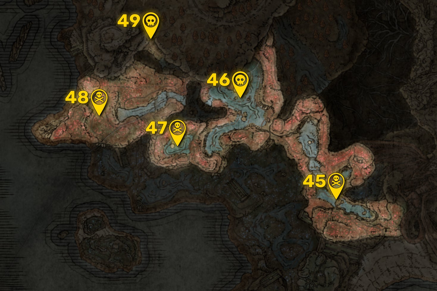 Part of the Elden Ring DLC map with all areas greyed out except for the Charo's Hidden Grave region, and all the boss locations in that region highlighted and numbered in yellow. - 56