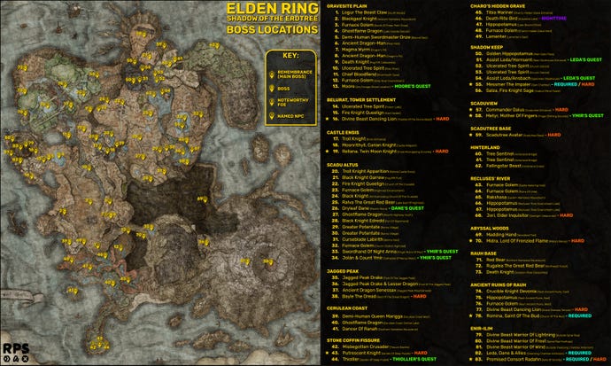 A full map of the Land Of Shadow in Elden Ring: Shadow Of The Erdtree, with all the DLC’s boss locations marked with yellow markers. On the right-hand side is a key listing the names and order of every single boss in Shadow Of The Erdtree.