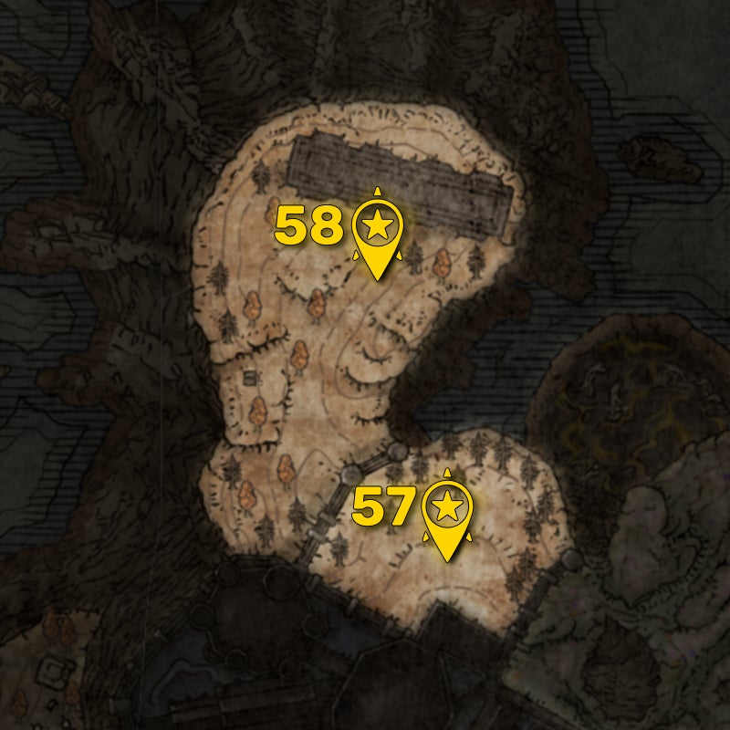 Part of the Elden Ring DLC map with all areas greyed out except for the Scaduview region, and all the boss locations in that region highlighted and numbered in yellow. - 70