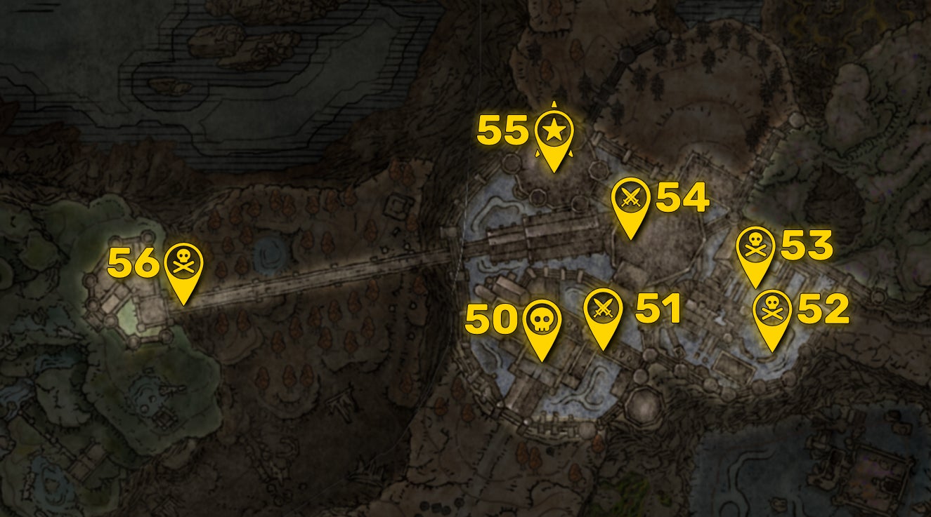 Part of the Elden Ring DLC map with all areas greyed out except for the Shadow Keep region, and all the boss locations in that region highlighted and numbered in yellow. - 62