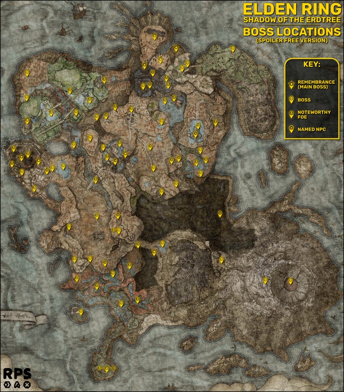 A full map of the Land Of Shadow in Elden Ring: Shadow Of The Erdtree, with all the DLC’s boss locations marked with yellow markers.