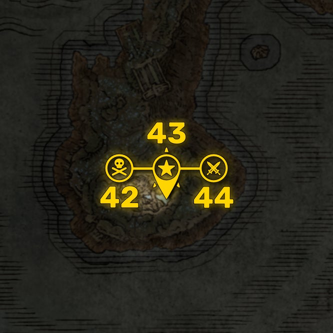 Part of the Elden Ring DLC map with all areas greyed out except for the Stone Coffin Fissure region, and all the boss locations in that region highlighted and numbered in yellow. - 52