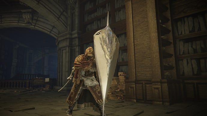 Screenshot of the Tarnished wielding the Carian Thrusting Shield in Elden Ring: Shadow Of The Erdtree.