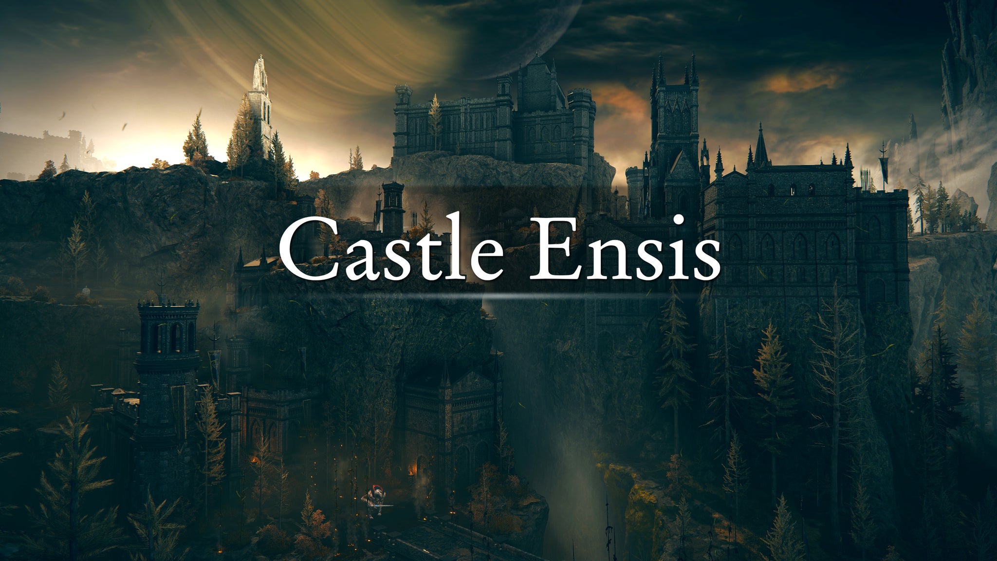 An establishing shot of the region of Castle Ensis in Elden Ring: Shadow Of The Erdtree, with the region's name emblazoned across the screenshot. - 8