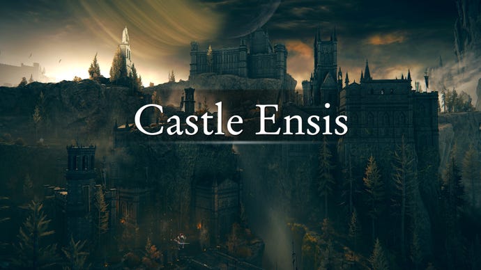 An establishing shot of the region of Castle Ensis in Elden Ring: Shadow Of The Erdtree, with the region's name emblazoned across the screenshot.