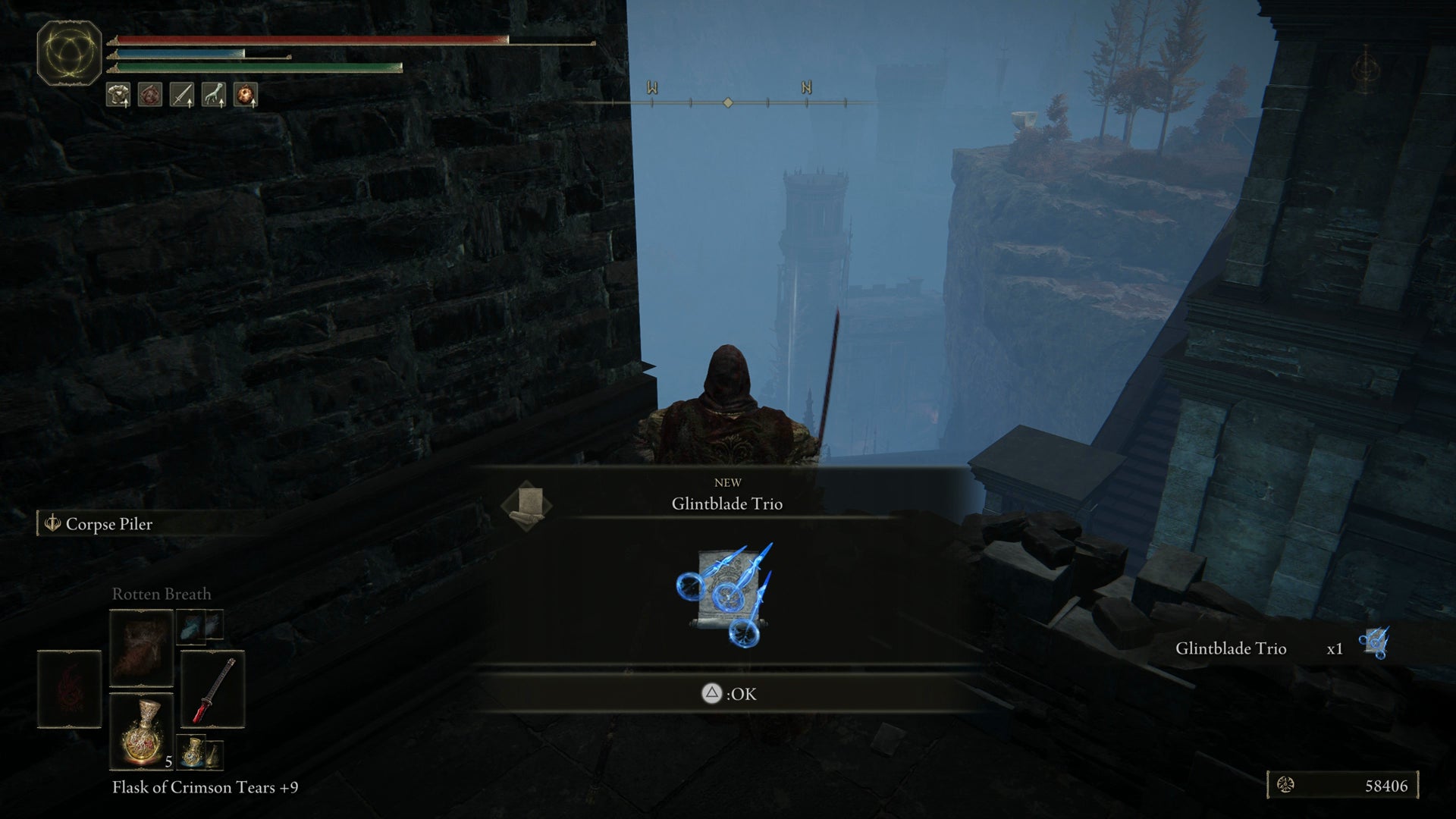 The Tarnished collecting the Glintstone Trio spell from a rooftop in Castle Ensis in Elden Ring Shadow of the Erdtree. - 12