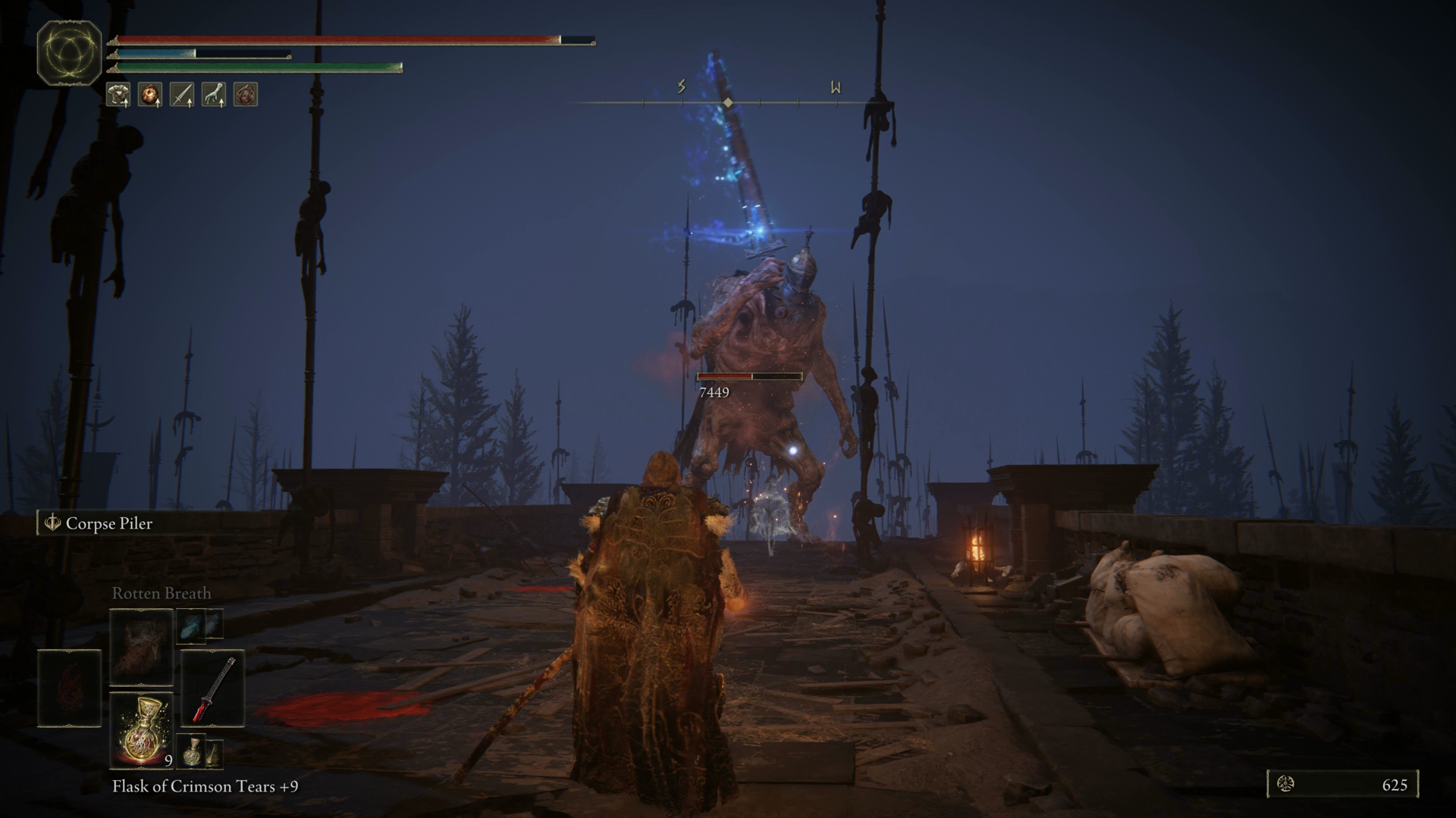 The Tarnished fighting a Carian giant outside Castle Ensis in Elden Ring Shadow of the Erdtree.