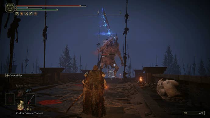 The Tarnished fighting a Carian giant outside Castle Ensis in Elden Ring Shadow of the Erdtree.