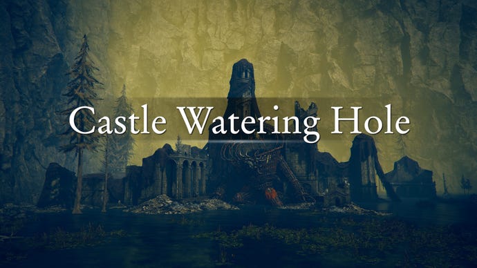 An establishing shot of the region of the Castle Watering Hole in Elden Ring: Shadow Of The Erdtree, with the region's name emblazoned across the screenshot.