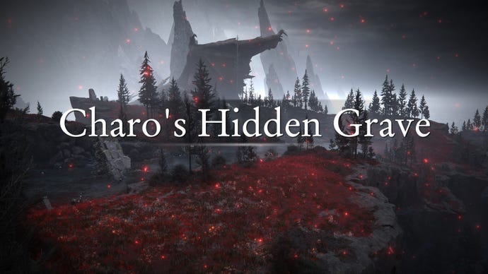 An establishing shot of the region of Charo's Hidden Grave in Elden Ring: Shadow Of The Erdtree, with the region's name emblazoned across the screenshot.