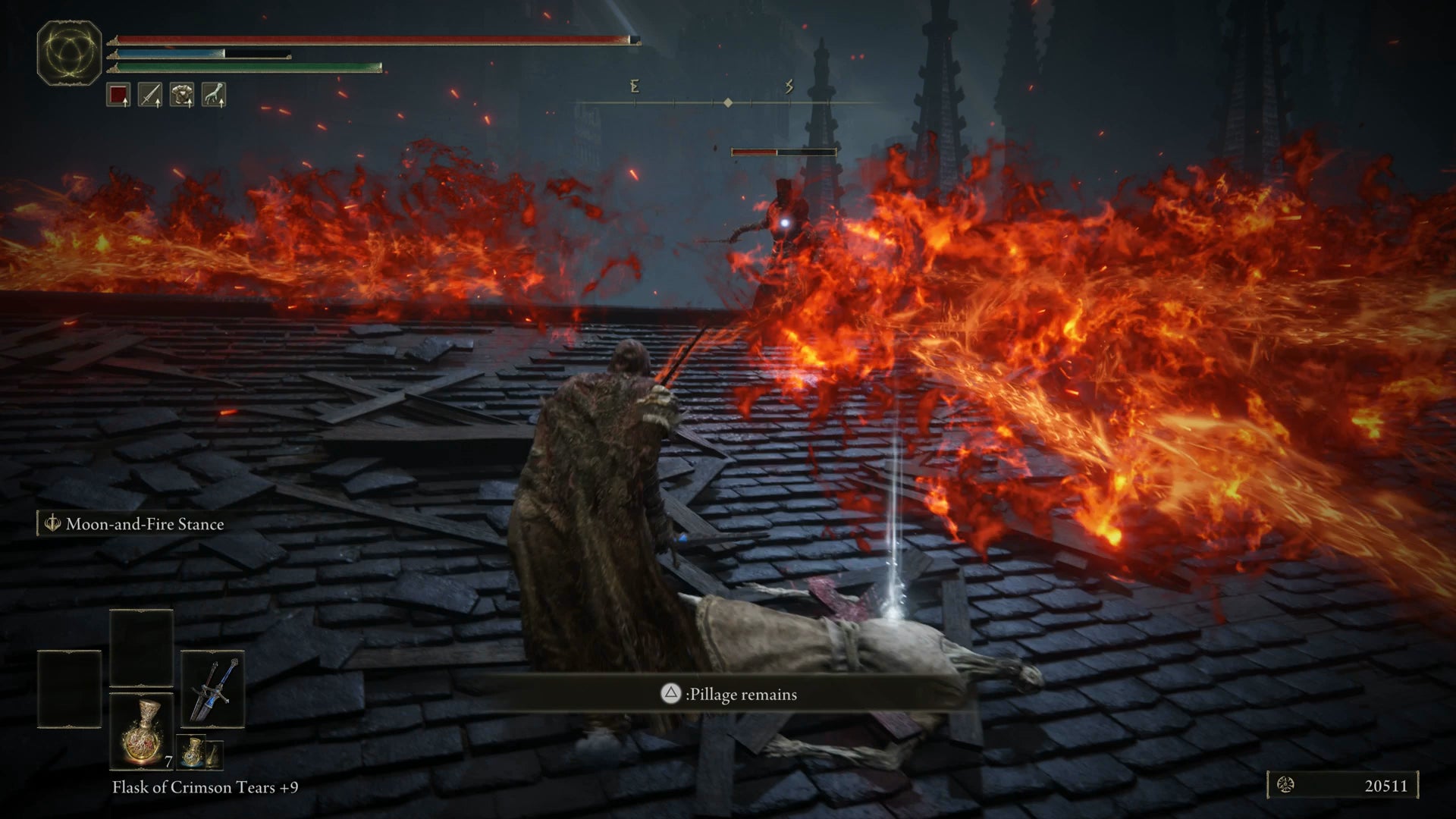 A Fire Knight casting Messmer Fire on a rooftop in the Black Keep Church District in Elden Ring Shadow of the Erdtree. - 6