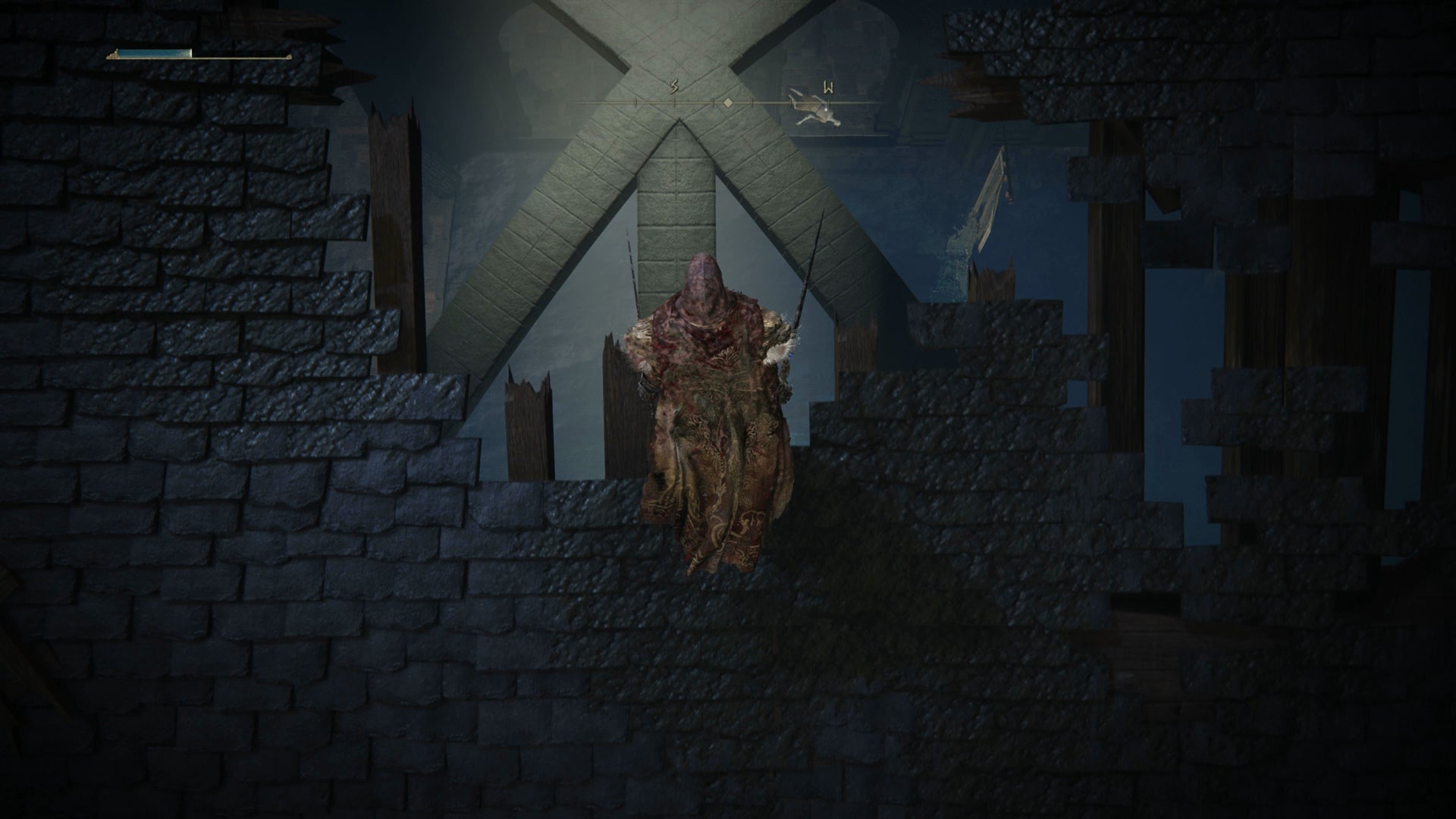 The Tarnished dropping through a hole in a roof in the Black Keep Church District in Elden Ring Shadow of the Erdtree. - 8