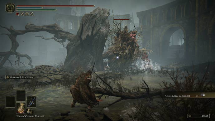 The Tarnished fighting an Ulcerated Tree Spirit in the Black Keep Church District in Elden Ring Shadow of the Erdtree.