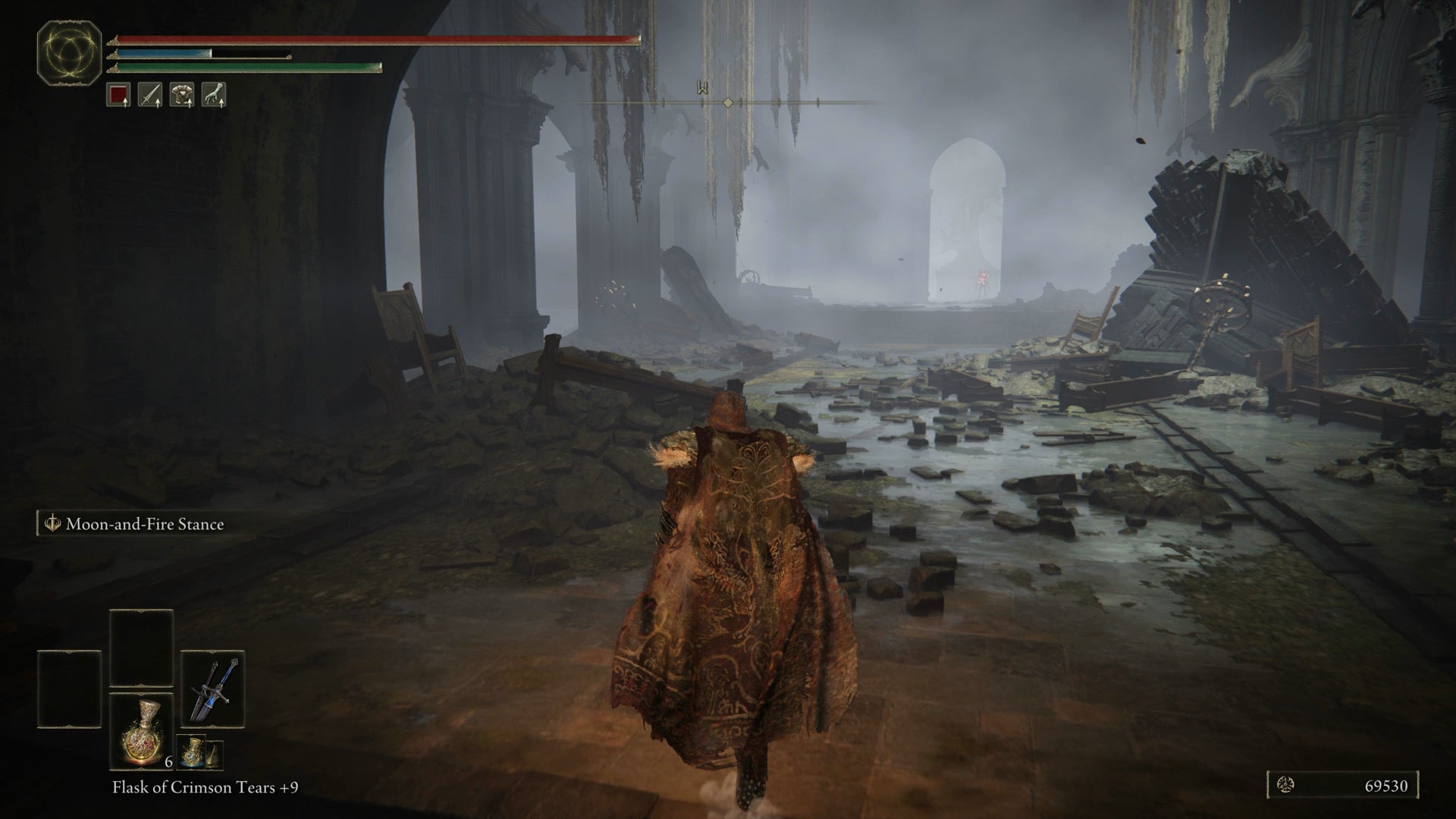 The Tarnished running through a waterlogged church in the Black Keep Church District in Elden Ring Shadow of the Erdtree. - 11