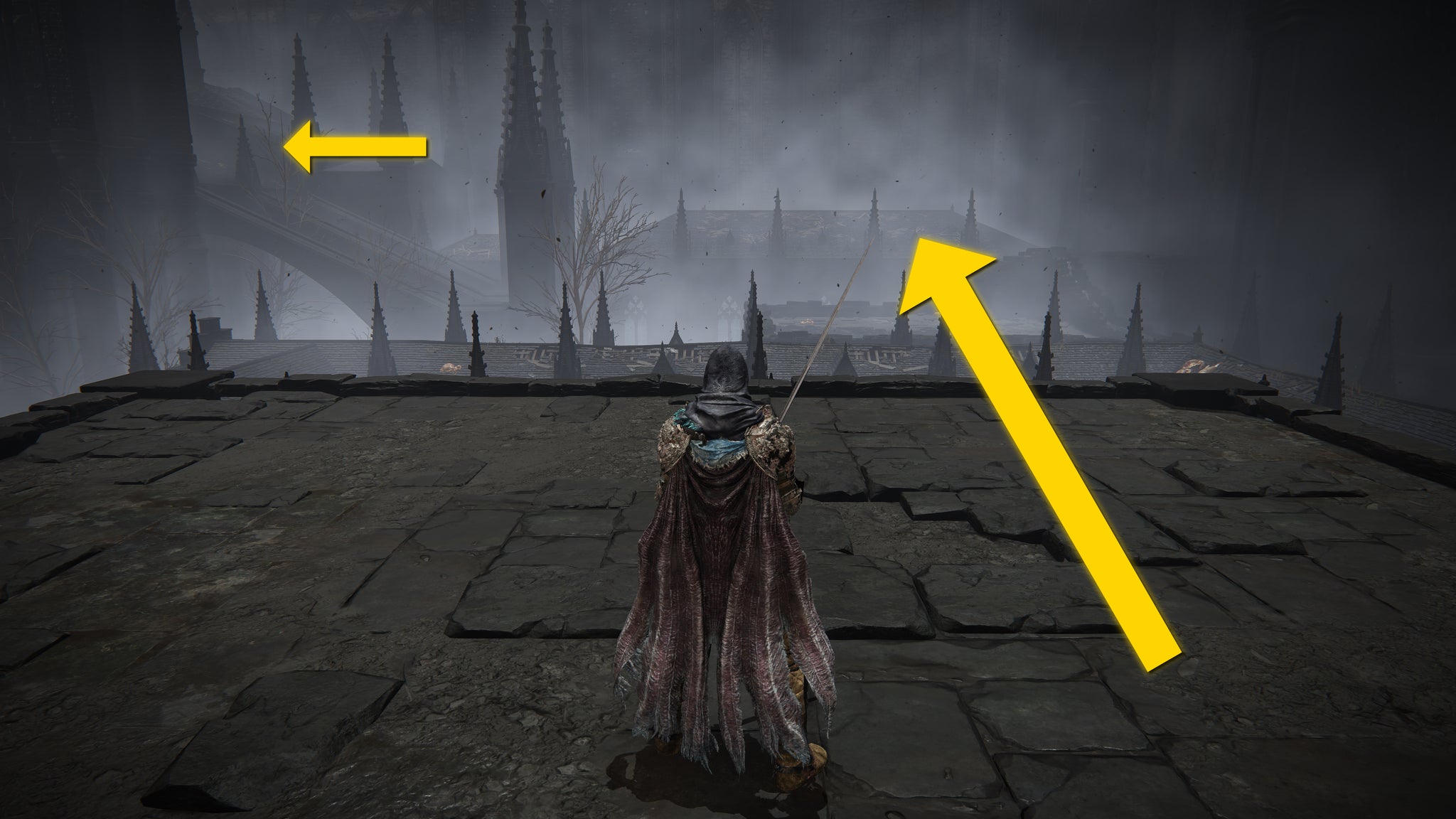 The player in Elden Ring: Shadow Of The Erdtree walks into the Church District. Two yellow arrows point towards a nearby rooftop. - 5