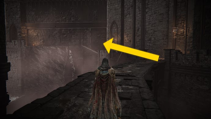 The player in Elden Ring: Shadow Of The Erdtree runs along a bridge in the Shadow Keep Church District.