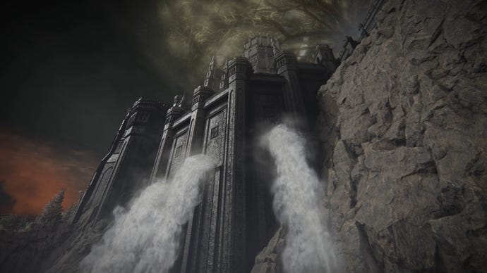 A shot of the Shadow Keep wall in Elden Ring: Shadow Of The Erdtree releasing two large torrents of water from the Church District.