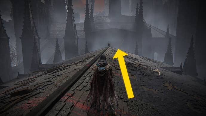 The player in Elden Ring: Shadow Of The Erdtree stands in the middle of a large roof in the Church District and looks toward the church.