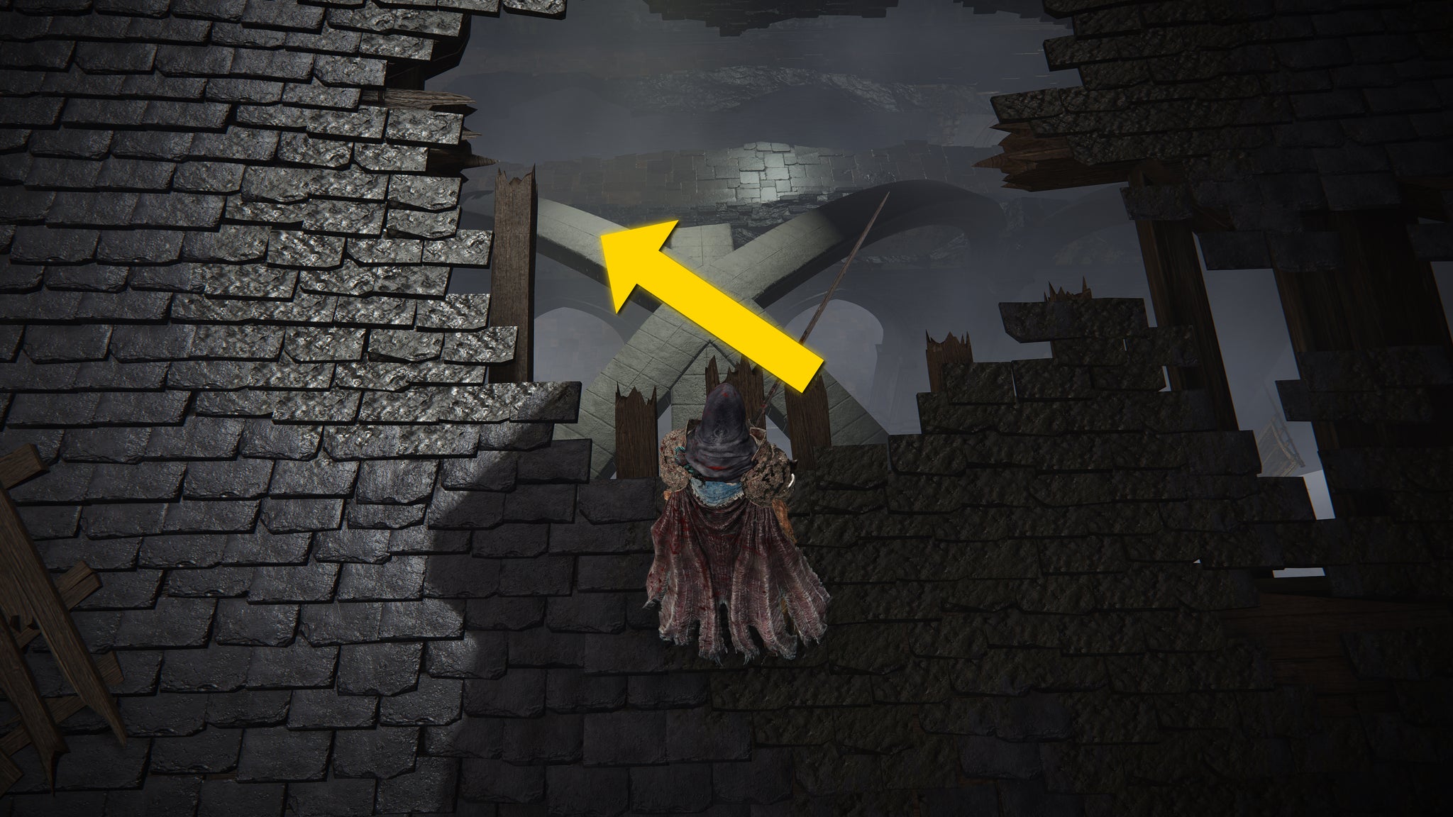 The player in Elden Ring: Shadow Of The Erdtree looks through a hole in the church rooftop in the Church District. - 8