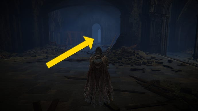 The player in Elden Ring: Shadow Of The Erdtree heads through the Shadow Keep Church.