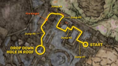 Parte del mapa de Elden Ring del Distrito de la Iglesia en Shadow Of The Erdtree, con el camino hacia el agujero en el techo de la iglesia y todos los saltos necesarios marcados en amarillo.