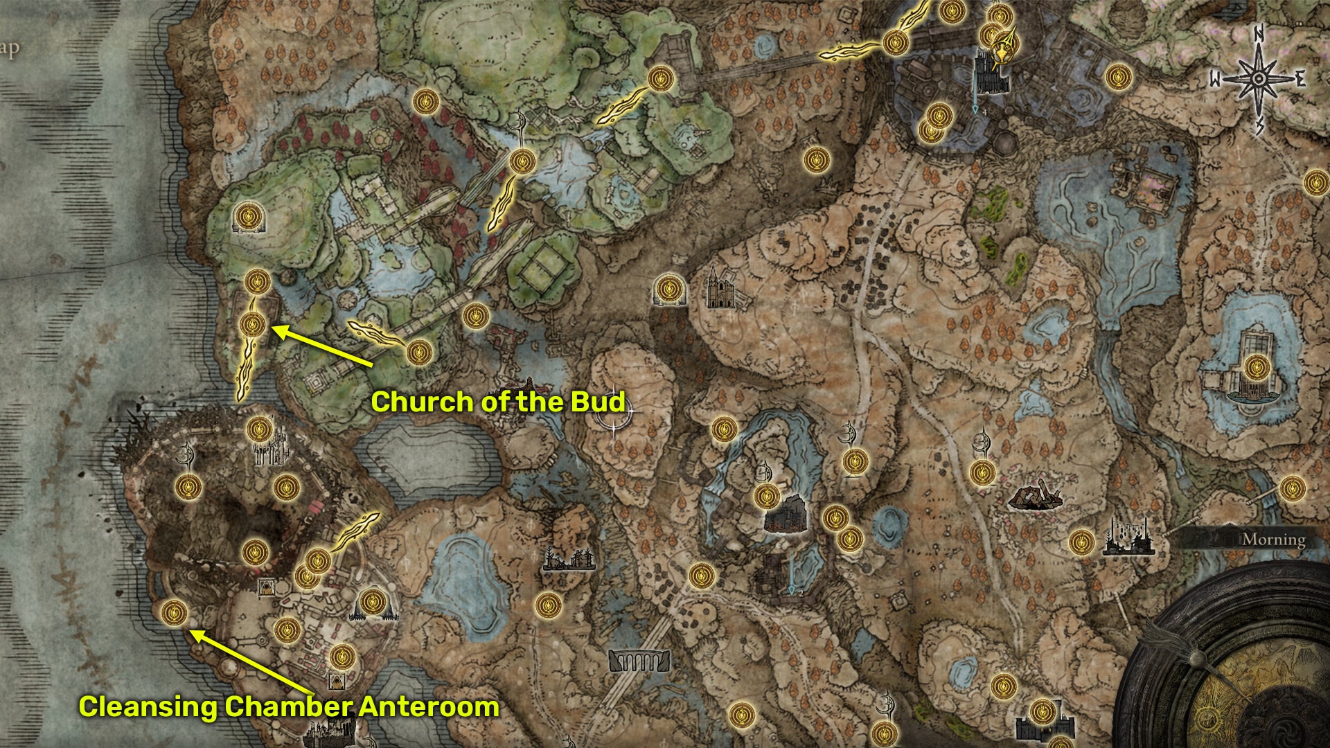 Elden Ring: Shadow Of The Erdtree map screenshot of the Church of Bud and Cleansing Chamber Anteroom Sites Of Grace. - 9