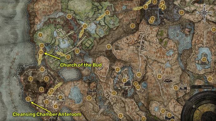 Elden Ring: Shadow Of The Erdtree map screenshot of the Church of Bud and Cleansing Chamber Anteroom Sites Of Grace.