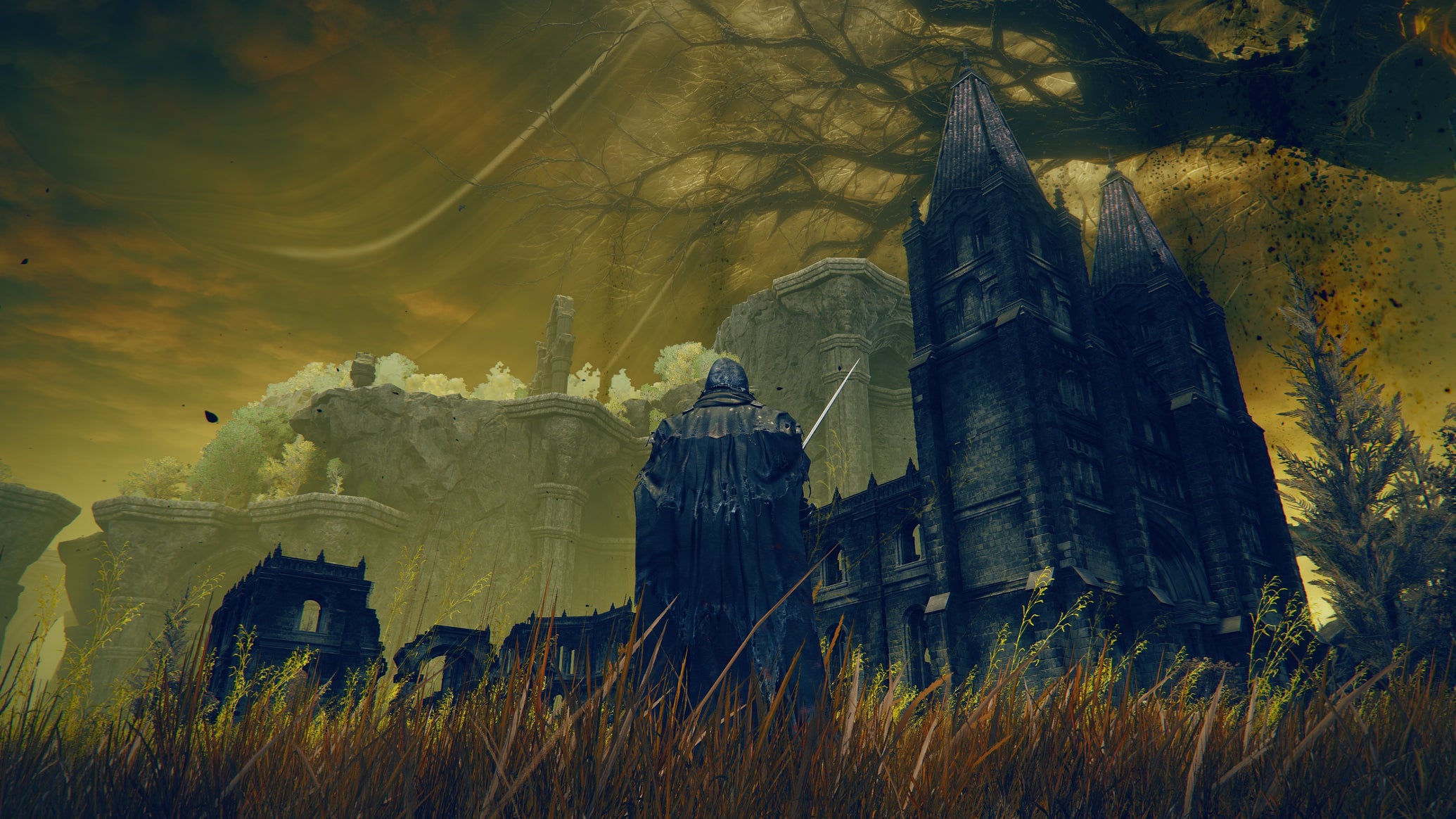 The player in Elden Ring: Shadow Of The Erdtree stands before the black stone Church Of The Crusade in Scadu Altus. - 1