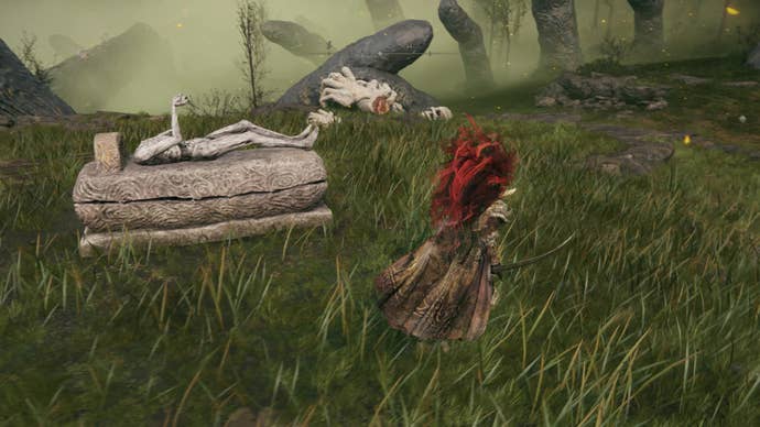 A warrior approaches a stone coffin to duplicate a boss remembrance in the Finger Ruins of Dheo in Elden Ring Shadow of the Erdtree.