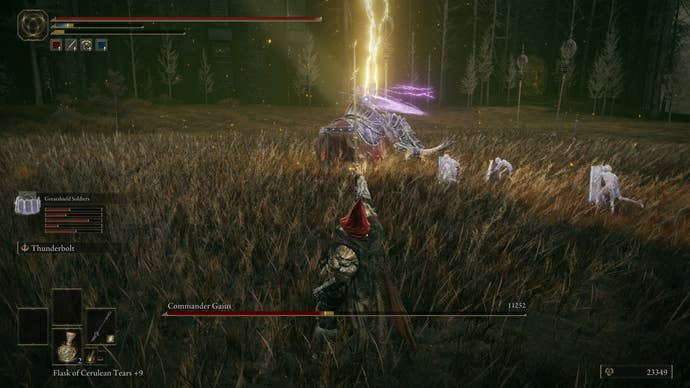 The Tarnished summoning a lightning bolt to strike Commander Gaius in Elden Ring Shadow of the Erdtree.