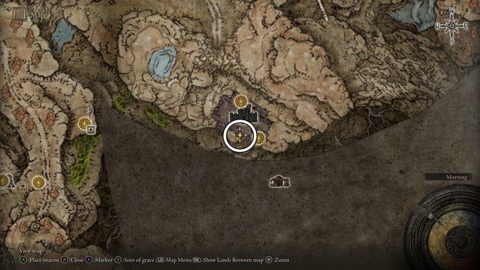 A map screen in Shadow of the Erdtree showing the location of the Battlefield Priest's Cookbook (2)