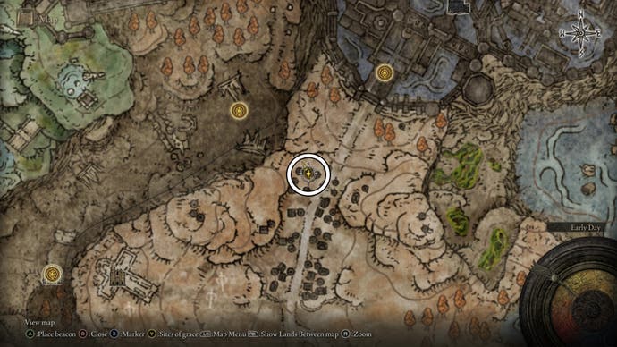A map screen from Shadow of the Erdtree, showing the location of the Battlefield Priest's Cookbook (3)