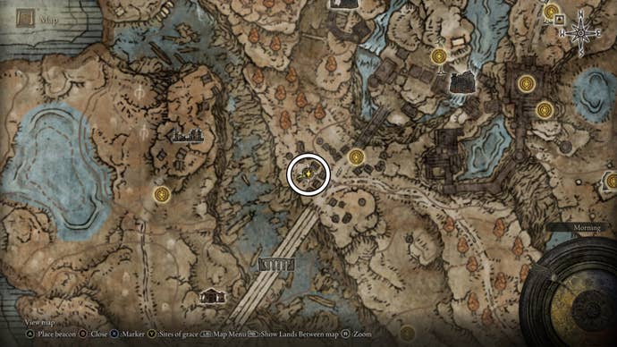 A map screen from Shadow of the Erdtree, showing the location of the Fire Knight’s Cookbook (2)