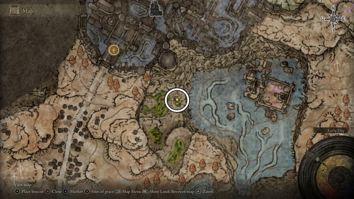 A map screen from Shadow of the Erdtree showing the location of the Forager Brood Cookbook (5)